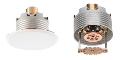 Two views of a fire sprinkler head with a white cover plate.