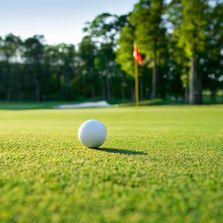 golf ball on green turf with flag in background