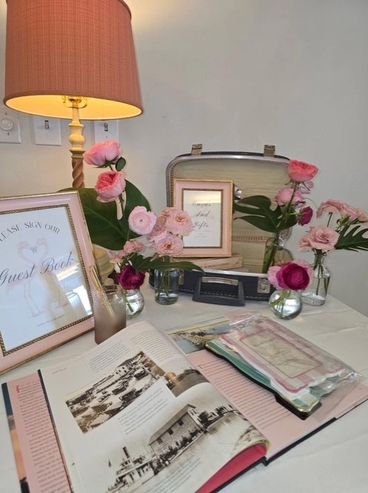 Bride and groom in decorated reception space