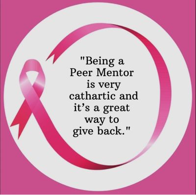 Quote about peer mentoring with a pink ribbon symbol on a pink background.