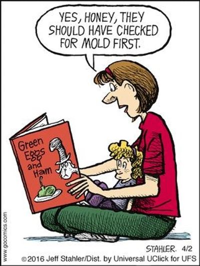 Carton panel of a brunette woman reading a Dr. Seuss book to a blond child