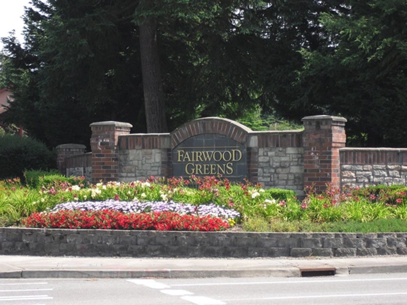 Landscaped floral entrance & sign to Fairwood Greens Neighborhood in Renton, Washington