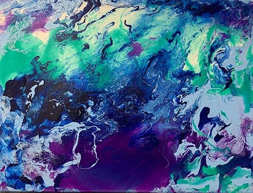 Abstract fluid painting in blues, greens, and purples.