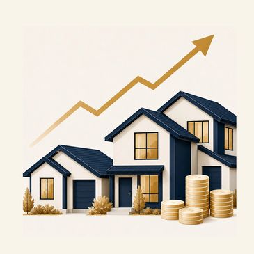 3D houses with rising arrow and stacked coins showing real estate growth.