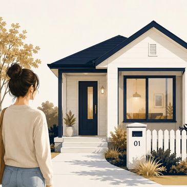 Woman standing outside a modern house with a dark door and white picket fence.