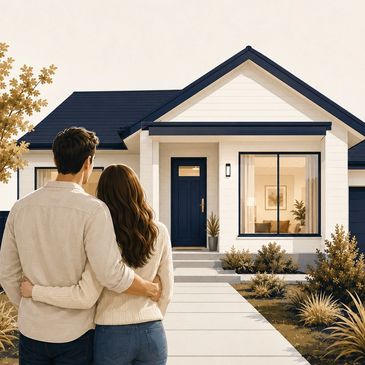 Couple admiring their new modern home with a navy blue door and white exterior.