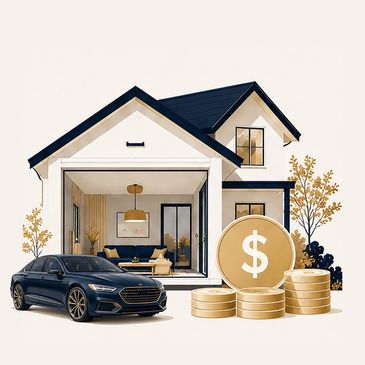 Modern house with car and gold coin stacks symbolizing wealth.