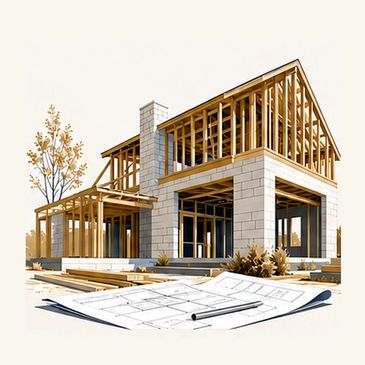 A modern house under construction with architectural plans in front.