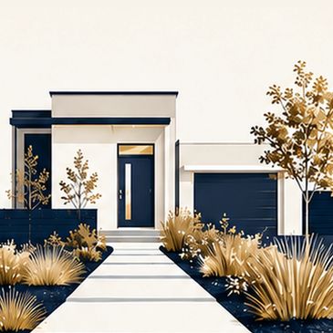 Modern house with clean lines and warm landscaping in beige and navy tones.