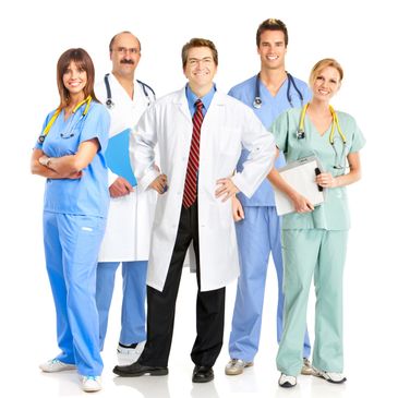 A diverse group of five smiling healthcare professionals in scrubs and lab coats.