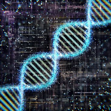 Glowing blue DNA double helix with digital matrix background.