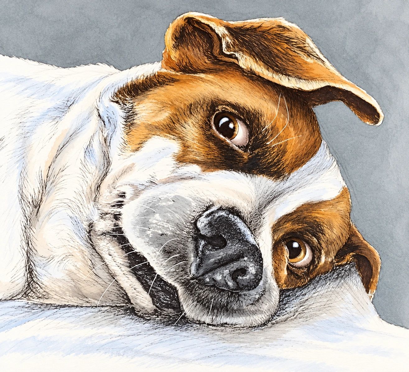 Artistic drawing of a happy dog lying down.
