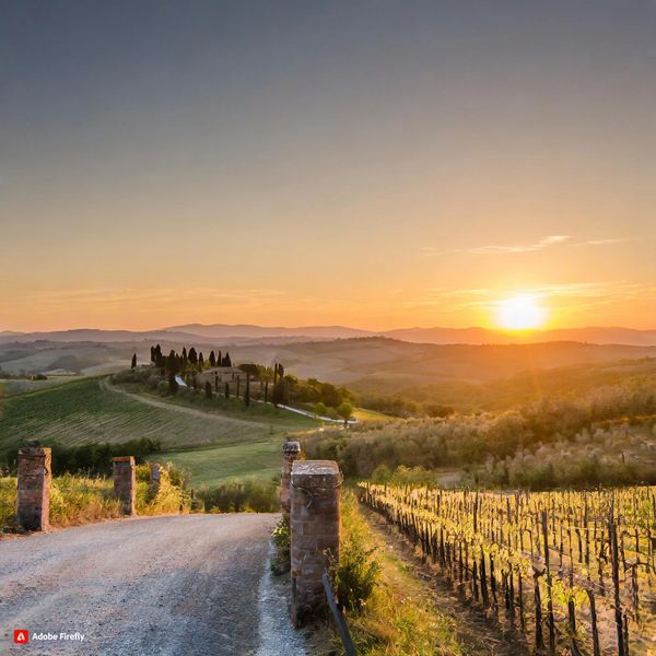 Tuscan countryside with sunset