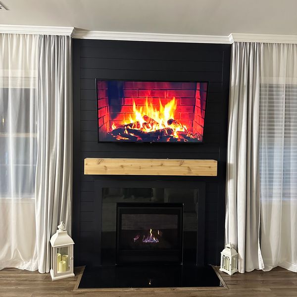 Modern Black Shiplap Fireplace with Wood Mantel – NANDA Trim