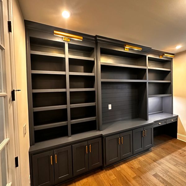 Custom Black Built-In Bookshelves with Cabinets & Lighting – NANDA Trim