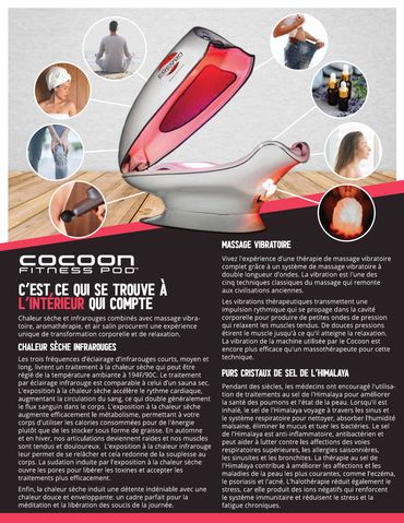 Appareil de massage vibratoire Cocoon Fitness Pod avec bienfaits détaillés.