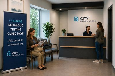 Patients interact at the reception of City Medical Clinic, promoting metabolic testing clinic days.