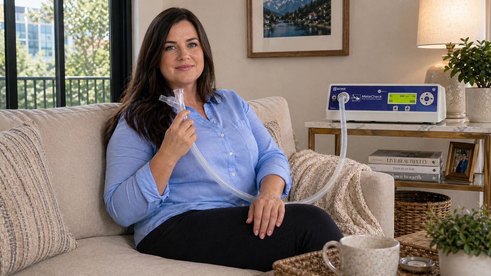 Woman with metabolic testing device at home comfortably.