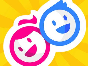 Colorful cartoon faces of a boy and girl on a yellow background.