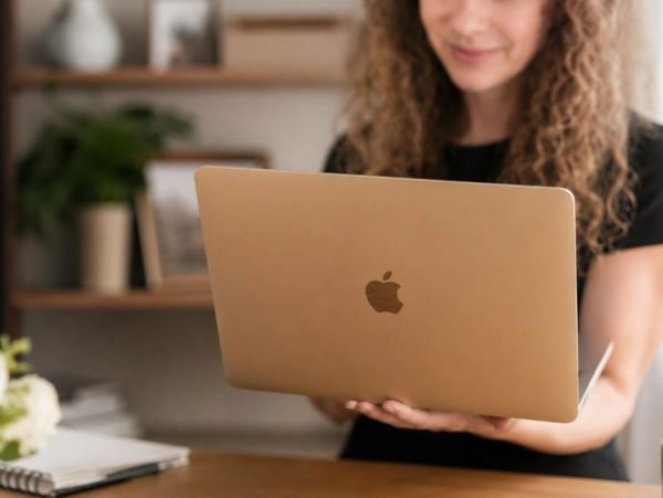 Woman holding a gold MacBook laptop.