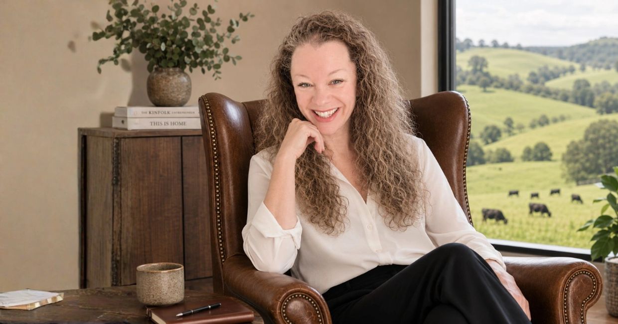 Woman smiling in a cozy leather chair with countryside view.