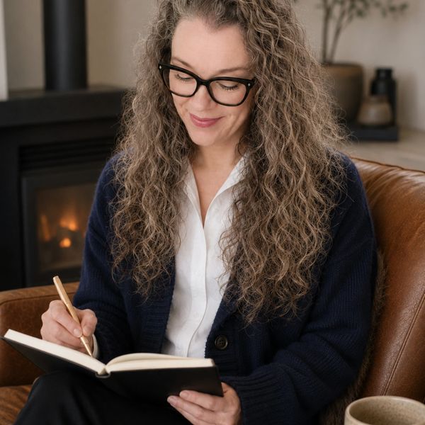 Woman with glasses writing in notebook by fireplace.