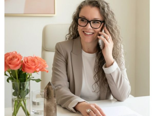 Woman with glasses smiling on phone call at desk.