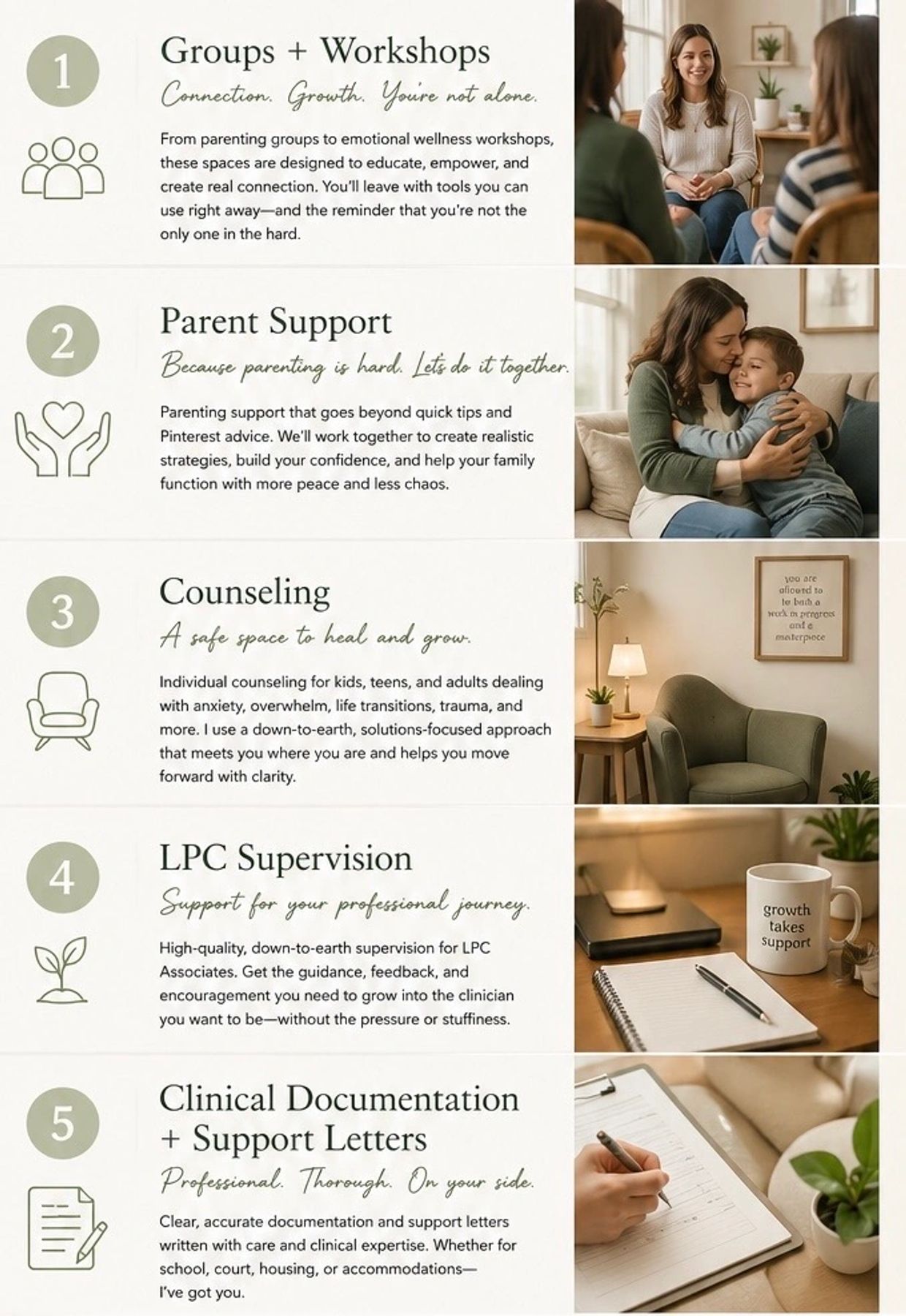 Overview of support services including groups, counseling, and documentation.