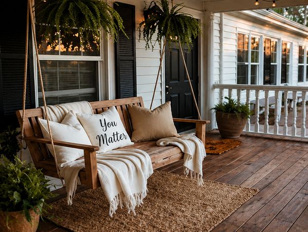 Cozy wooden porch swing with pillows and blankets.