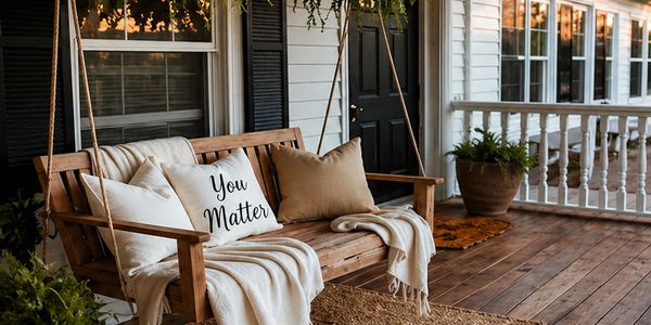Cozy wooden porch swing with pillows and blankets.