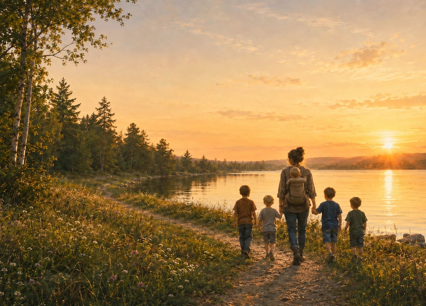Family walking by a lake at sunset, surrounded by nature.