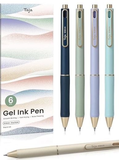 Set of six Taja gel ink pens in various pastel colors with smooth writing features.
