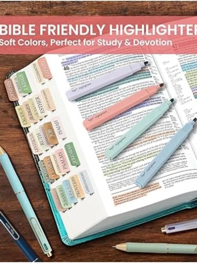 Bible-friendly highlighters in soft colors with labeled tabs for study.