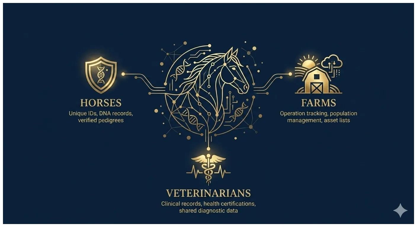 Gold icons represent horses, farms, and veterinarians linked by technology on a dark background.