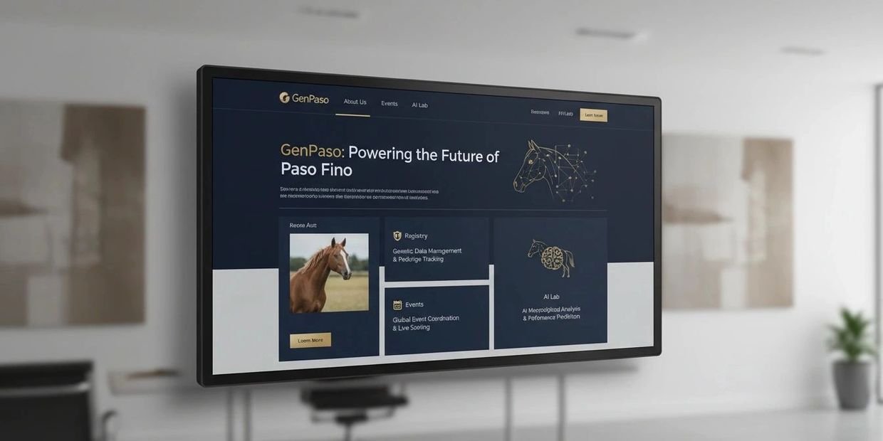A screen displays GenPaso's platform for Paso Fino horse genetics and event coordination.
