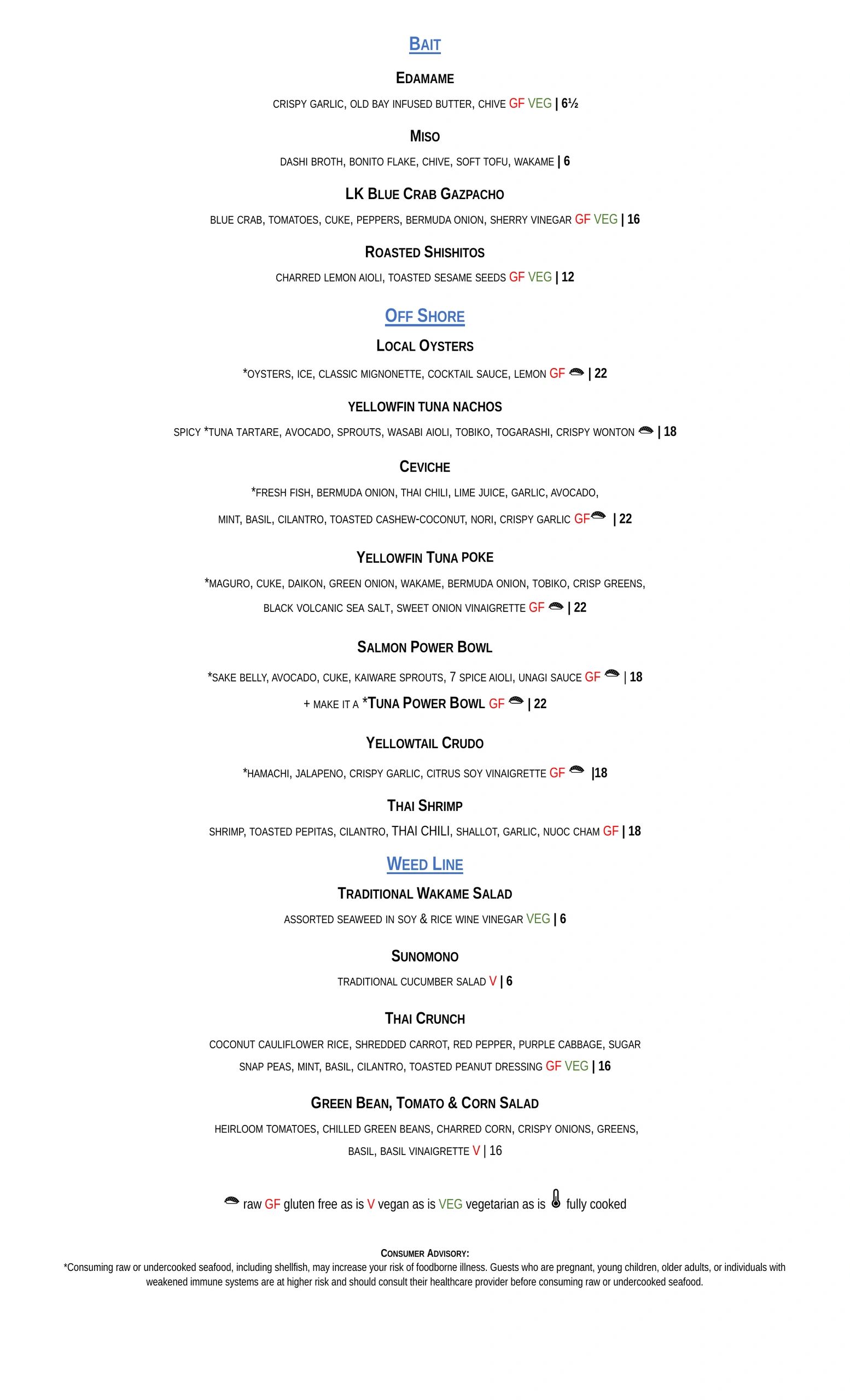 Local Ketch dinner menu page 1