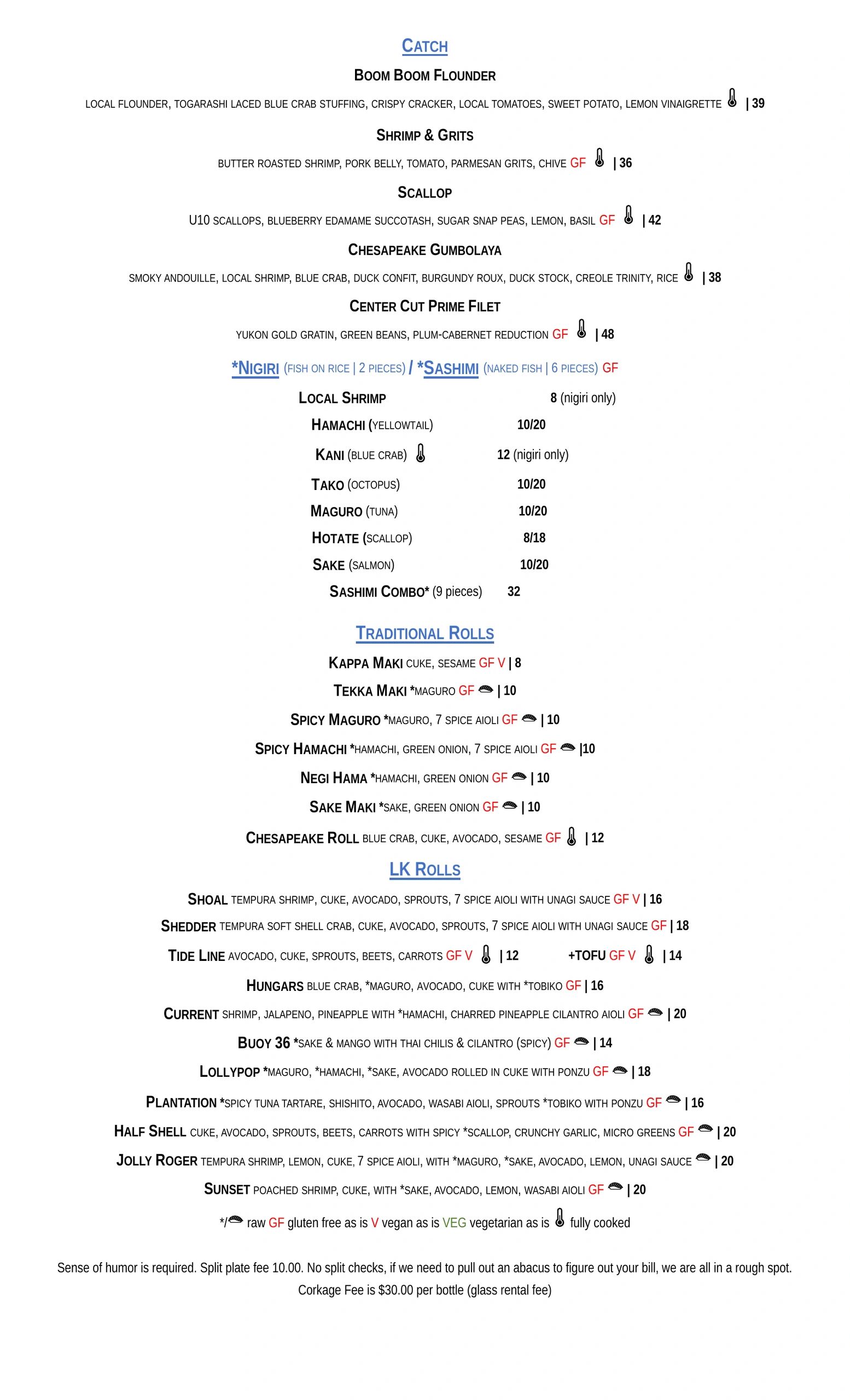 Local Ketch dinner menu page 2