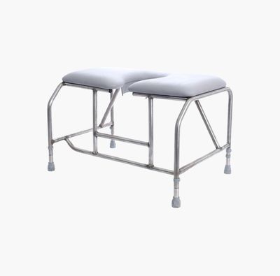 Medical examination stool with padded seats and metal frame.
