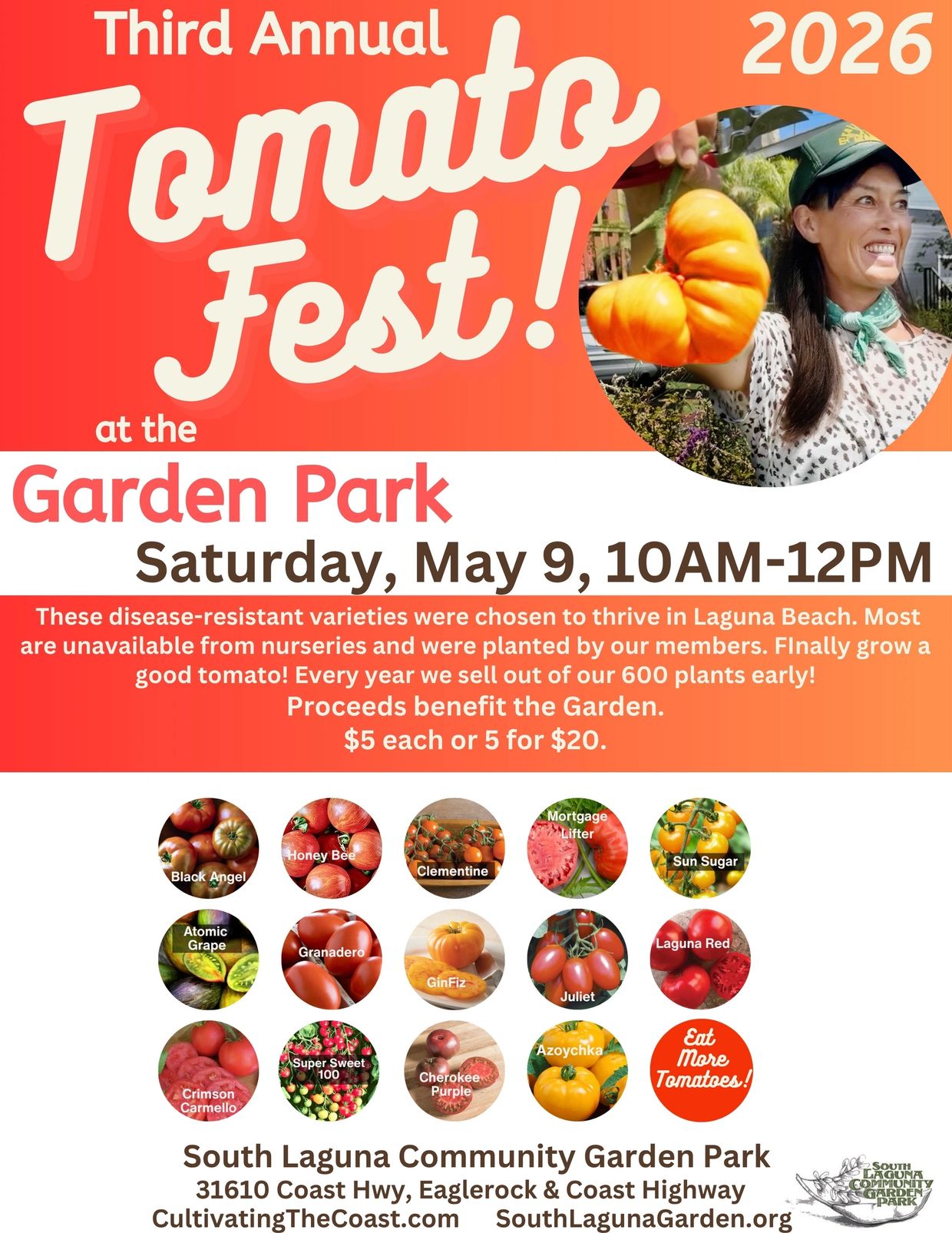 Third Annual Tomato Fest at Garden Park on May 9, 2026, featuring unique tomato varieties for sale.