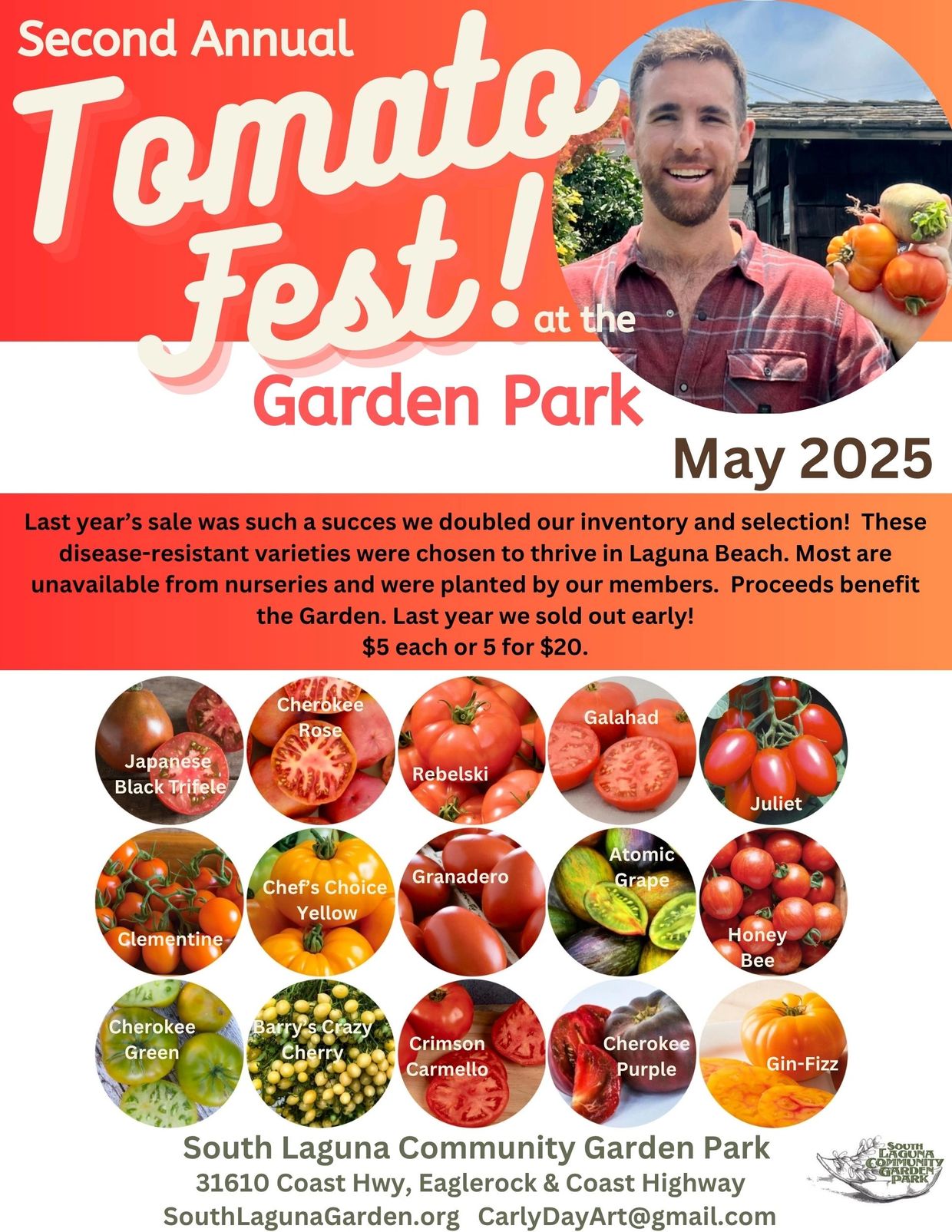 Second Annual Tomato Fest at Garden Park in May 2025 with various tomato varieties for sale.