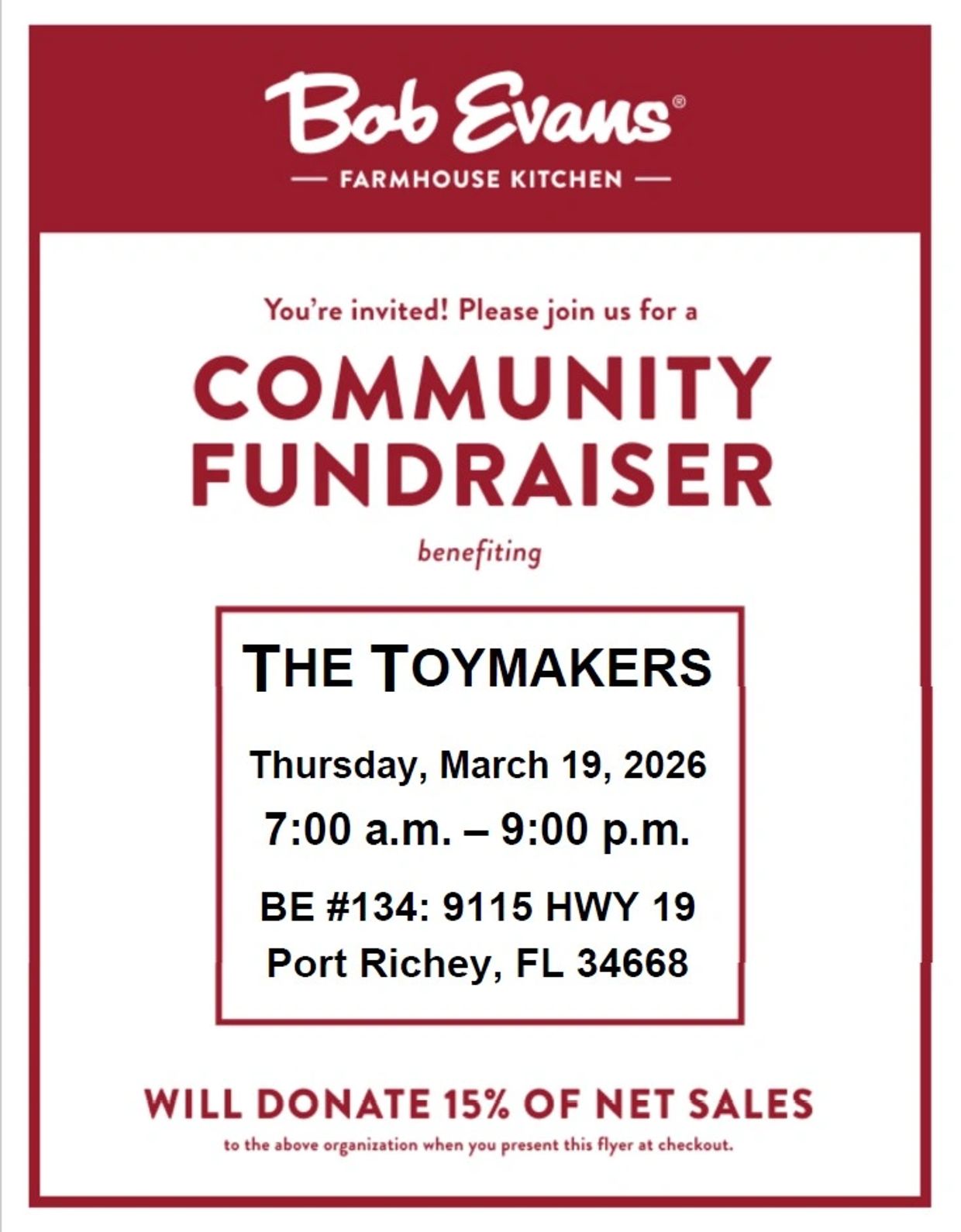 Community fundraiser for The Toymakers at Bob Evans on March 19, 2026.