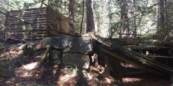 Old wooden cabin and stone structure in a dense forest.