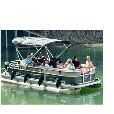 Grey Suntracker 9 passenger pontoon with bimini top full of boaters cruising Lake Lure NC
