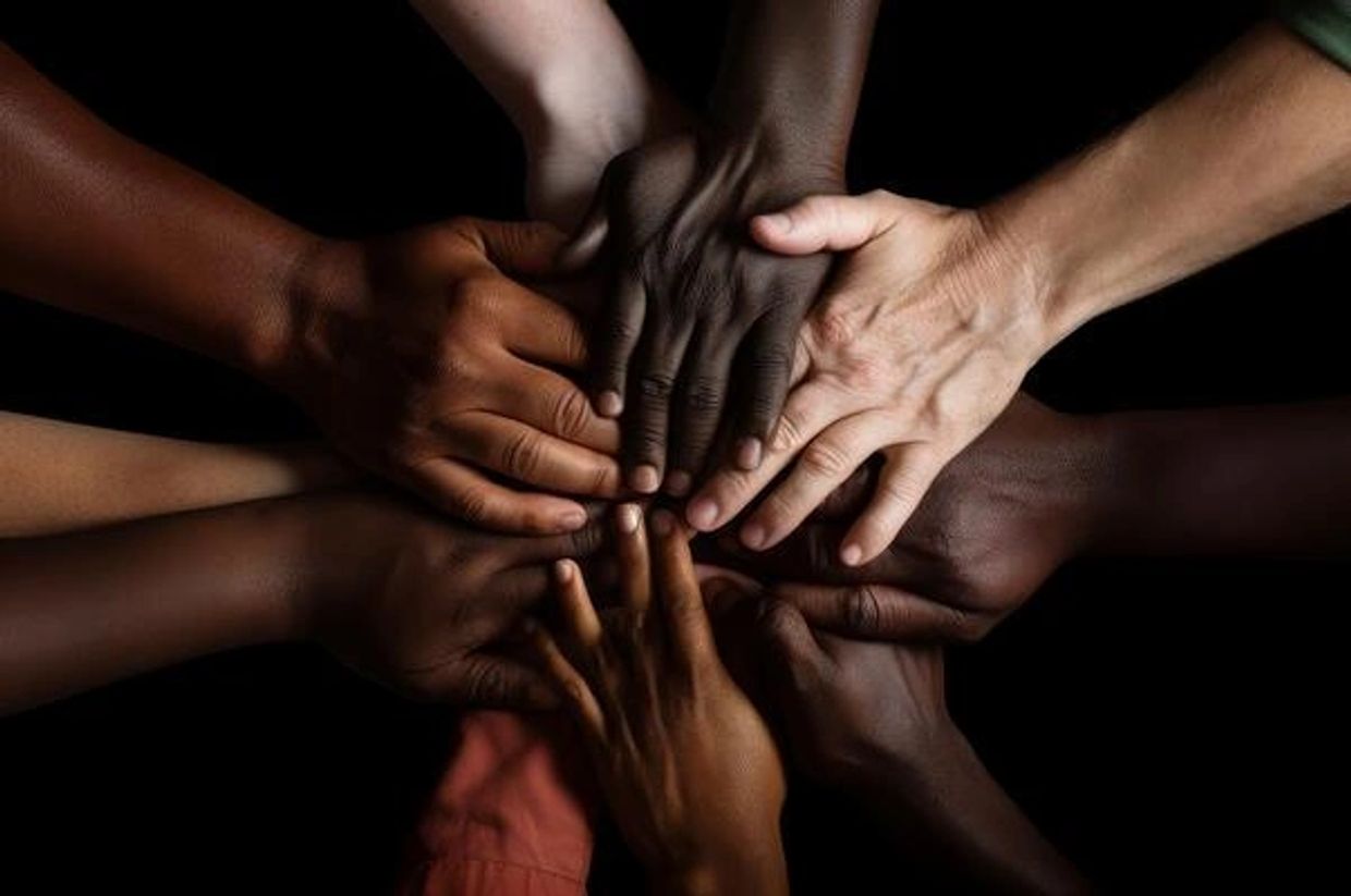 Diverse hands stacked together in unity.