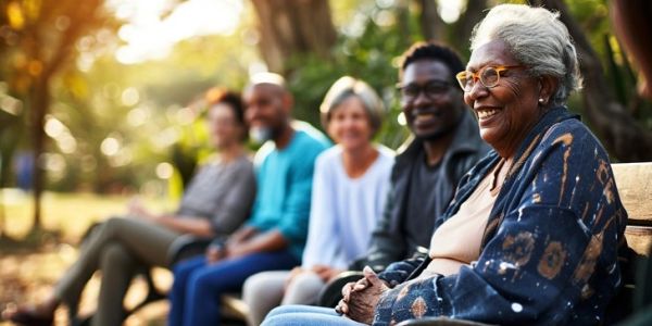 Elderly woman smiling on a park bench with friends.