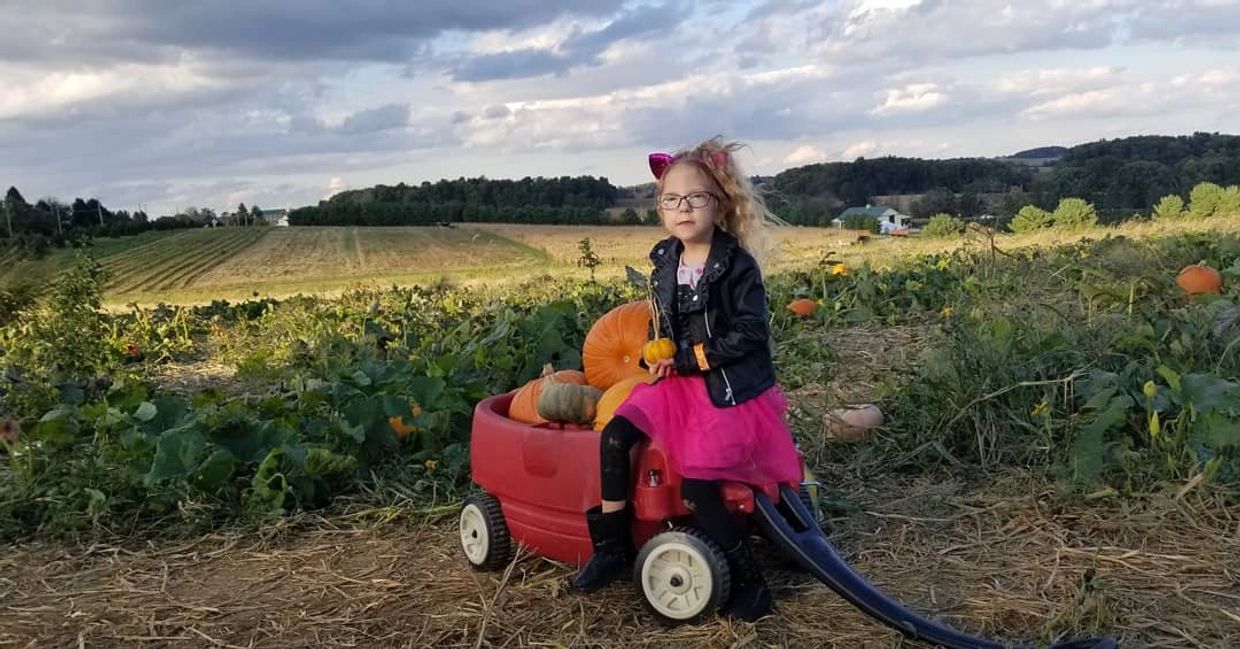Child sitting in a wagon with the pumpkins she picked from our pumpkin patch