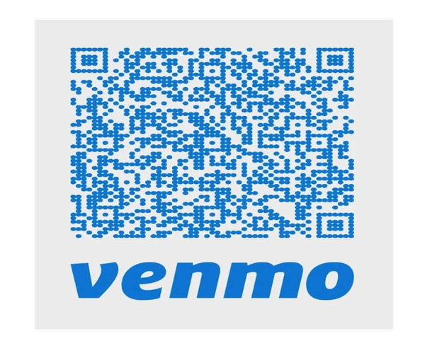 Blue Venmo QR code with the Venmo logo beneath it on a white background.