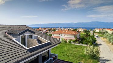 Scenic rooftop view of a residential neighborhood with mountains in the distance.
