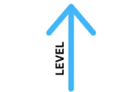 Blue upward arrow with the word LEVEL.