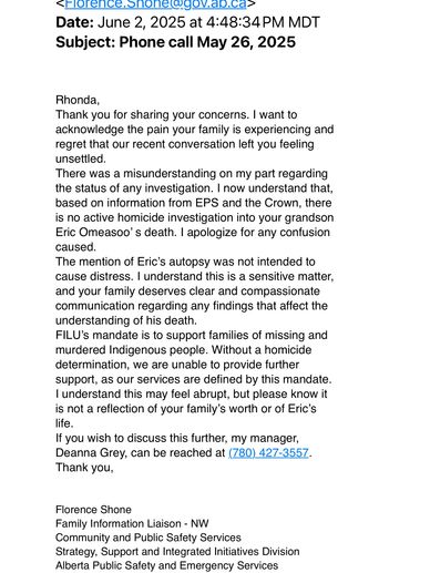 Email from Florence Shone clarifying no active homicide investigation into Eric Omeasoo's death.